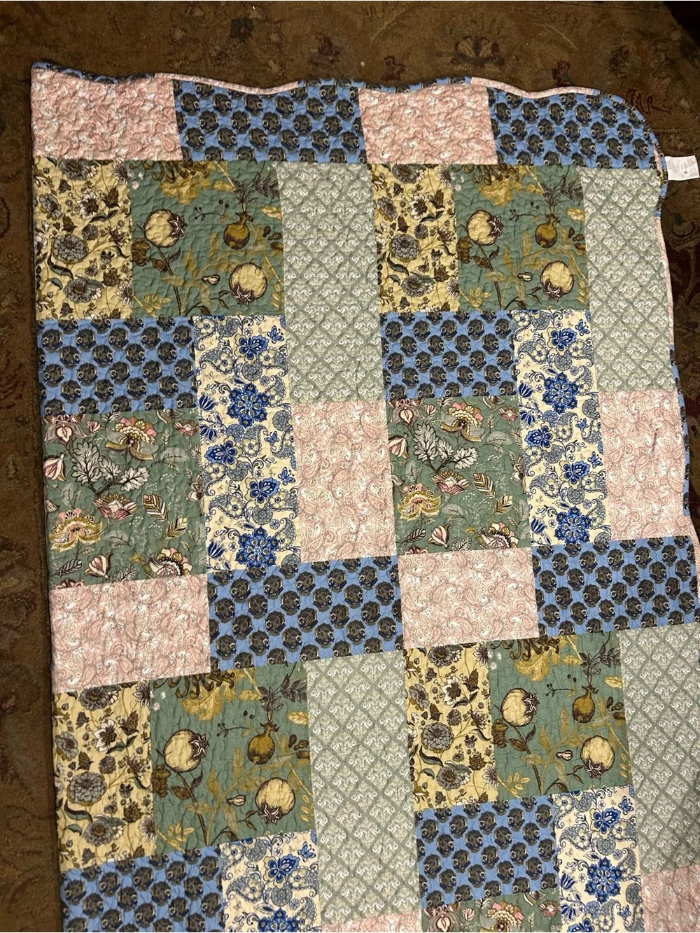 MarCielo Pink Blue Green Yellow White Patchwork 98x102 Inches Cottagecore Quilt